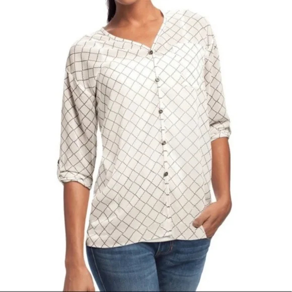 Cabi Size M Chessboard Button Down Blouse 740 Ivory Black Grid Print - Picture 2 of 10